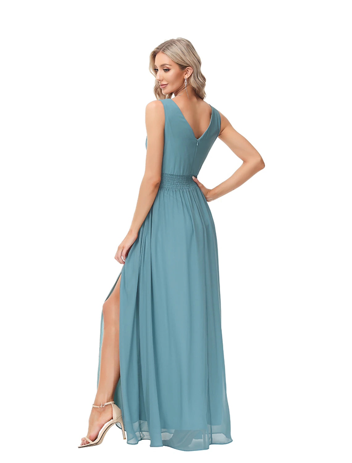 Wholesale A-Line Evening Gown Empire Dress Party Wear Wedding Guest Floor Length Sleeveless V Neck Bridesmaid Dress Chiffon V Back with Slit